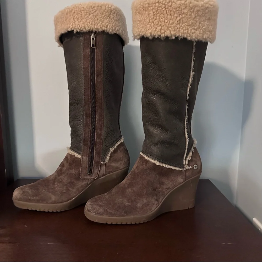 UGG Brown Sandra Leather and Shearling Wedge Knee-High Boots, Sz 9 - Picture 2 of 13